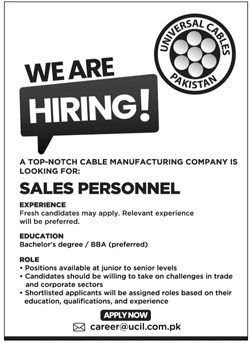 Sales Personnel Job in UCIL Lahore